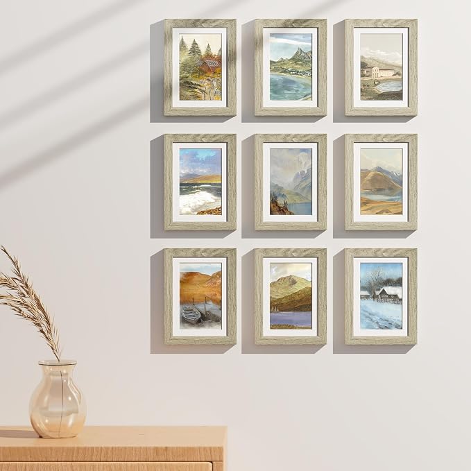 Vittanly 5x7 Picture Frames Set of 9 for Wall Mount or Tabletop, Driftwood | Display Pictures 4x6 with Mat or 5x7 without Mat, Small Photo Frames, Engineered Wood with Shatter Resistant Plexiglass