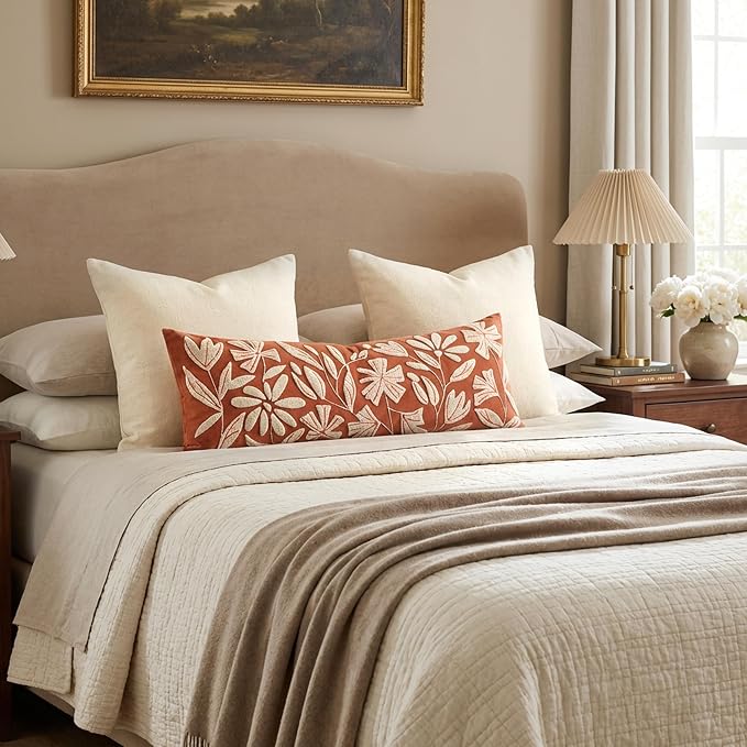 BlissBlush Long Lumbar Pillow Cover 14x36 for Bed, Rust Terracotta Floral Tufted Velvet Accent Oversize Throw Pillowcase for Bedroom, Cover Only