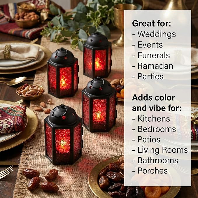 VELA LANTERNS Mini Moroccan Tea Light Candle Holder Lanterns – 4.25" Small Decorative Lantern for Table or Hanging, Metal with Glass Panels – Ramadan, Wedding, Home Decor, Ruby Red (Set of 4)