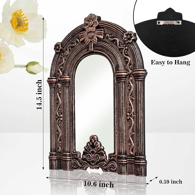 2 Set Wood Carved Window Mirrors 3D Relief Arched Wall Decor Roman Column Antique Home Accent Small Decorative Mirrors for Living Room, Bathroom, Entryway