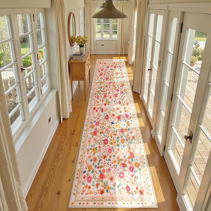 Washable Floral Area Rug for Living Room Runner 2x10 Pink Beige | Non-Slip，Vacuum-Friendly, Low Pile, Flower Carpet for Bedroom Kitchen Entryway Dining Room Office Nursery