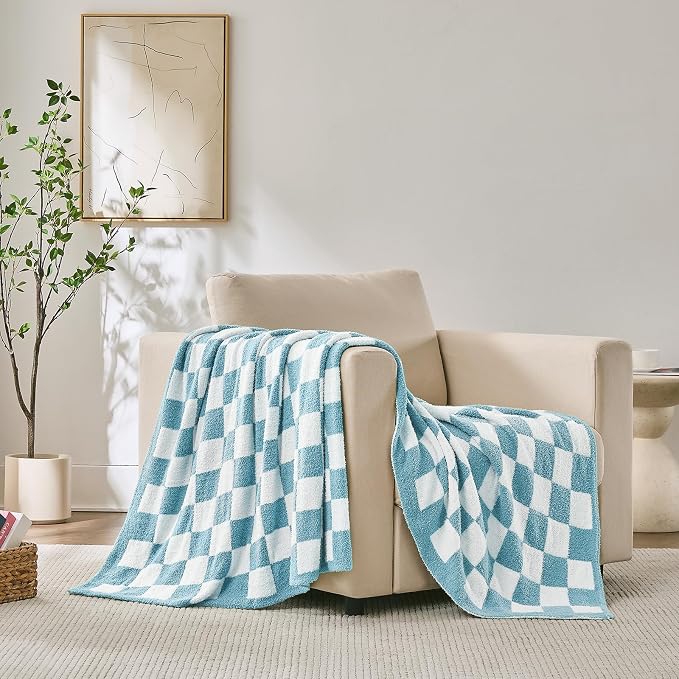 Checkered Throw Blanket for Couch, Soft Cozy Warm Knitted Blankets | Lightweight Fuzzy Travel Warm Decor for Women, Mom, Girls, Sofa, Chair, 50x70in, Light Blue