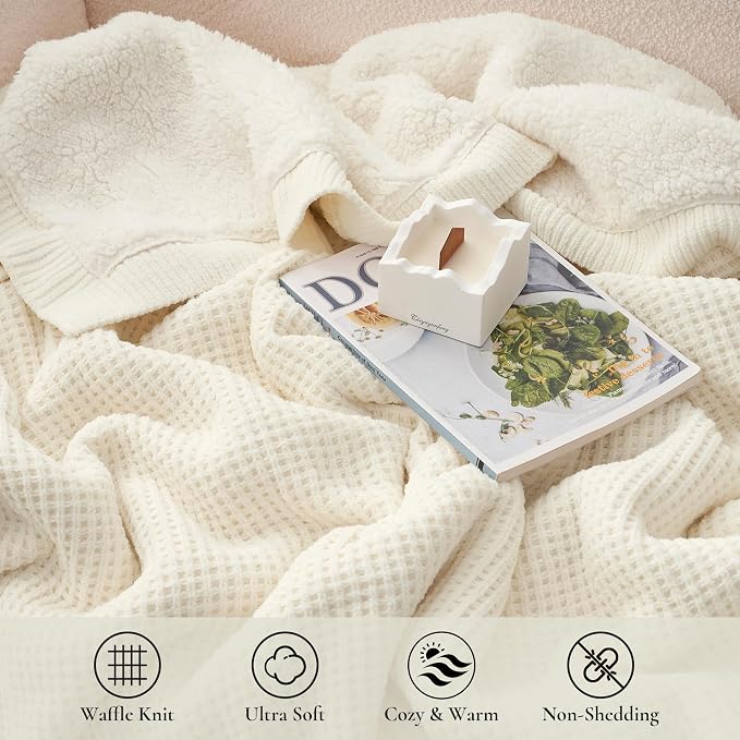 Amélie Home Reversible Waffle Weave Throw Blanket, Chenille Knit with Warm Sherpa, Soft Cozy Blanket for Couch, 50"x60", Ivory