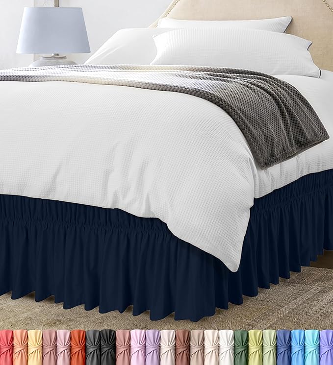 Wrap Around Queen Bed Skirt, Easy Fit Elastic Belt, 16 Inch Drop, Navy | No Mattress Lifting, Stay-Put Design, Adjustable Buckle & Elastic Belt, Wrinkle & Fade Resistant, Brushed Microfiber
