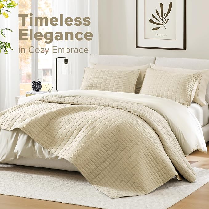 Comfort Spaces Oversized Bedspread King Quilt Set 3 Piece 120 x 118 Ivory | Coverlet for Summer Soft Cozy Lightweight All Season Quilted Extra Layer with Matching Sham, Bedroom Decor OEKO-TEX Certified