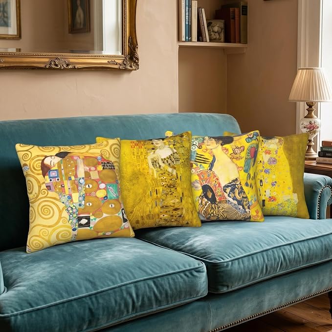 Klimt Art Pillow Covers 18x18 inch Set of 4 Famous Painting The Kiss by Gustav Klimt Cushion Covers Yellow Modern Decorative Pillow Cases for Sofa Couch Bed Office