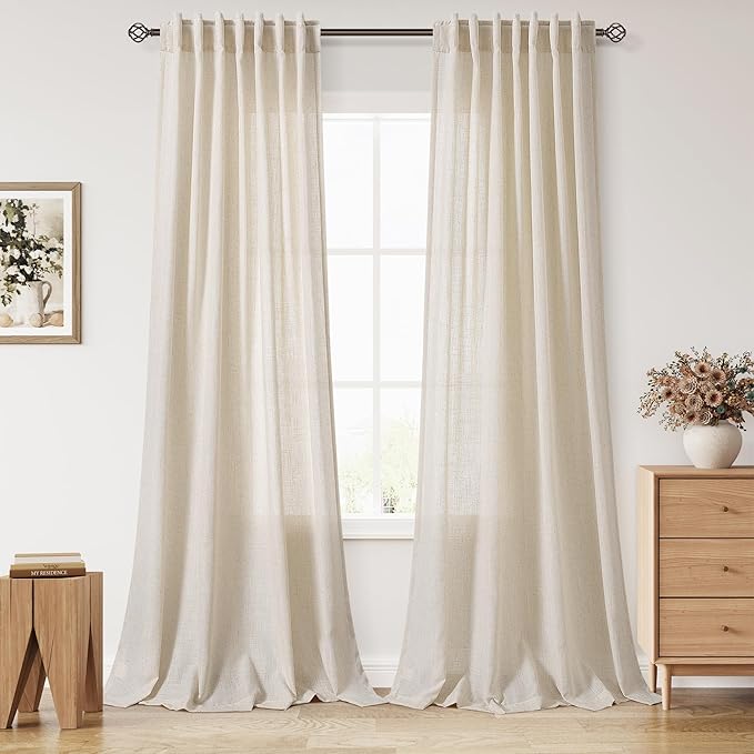 Cream Beige Linen Curtains for Living Room 98 Inches Long Light Filtering Semi Sheer Curtain Back Tab Modern Farmhouse Decor Elegant Luxury Coastal Drapes for Bedroom Dinner Room 52x98, 2 Panels