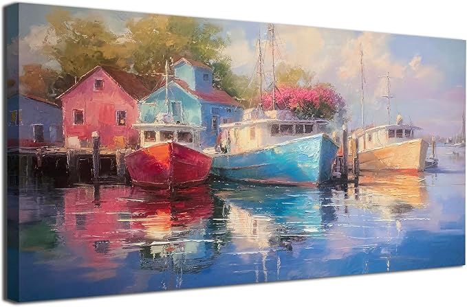 Arjun Lake Wall Art Sailboat Nautical Canvas Painting Framed Large 40"x20" | Colorful Artwork for Walls Dock Picture Prints Landscape Textured Living Room Bedroom Home Office Dining Room Kitchen Decor
