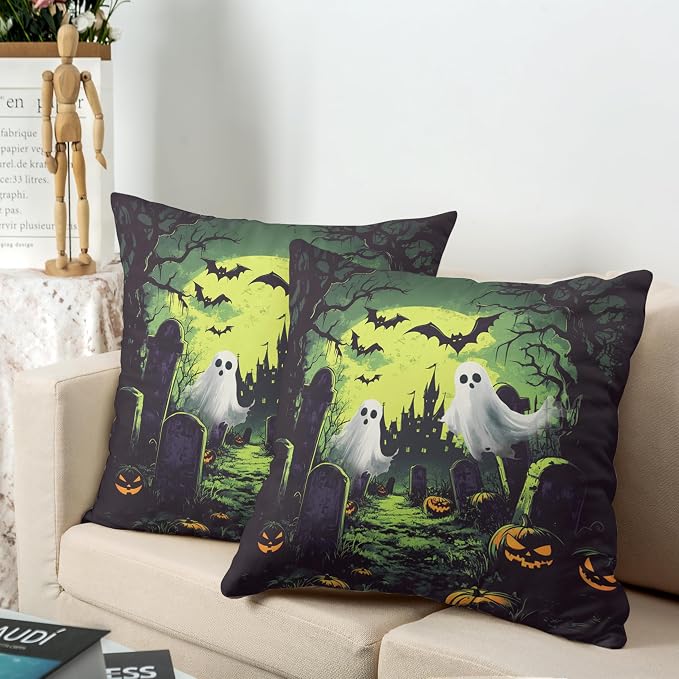 2 Pack Halloween Pillow Covers 16x16 Graveyard Ghost Throw Pillow Covers Horror Spooky Green Full Moon Night Pillow Case Bat Pumpkin Cushion Case for Holiday Party Decor Couch Sofa