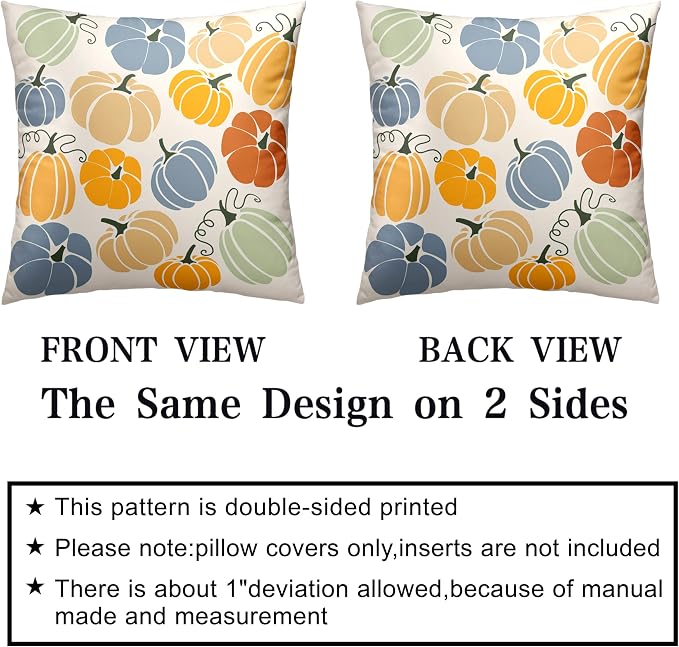 Autumn Outdoor Pillow Case Fall Throw Pillow Covers 24x24 Set of 2 Orange Yellow Blue Pumpkins Pillow Covers Cotton Blend Cushion Case for Couch Patio Bed Car
