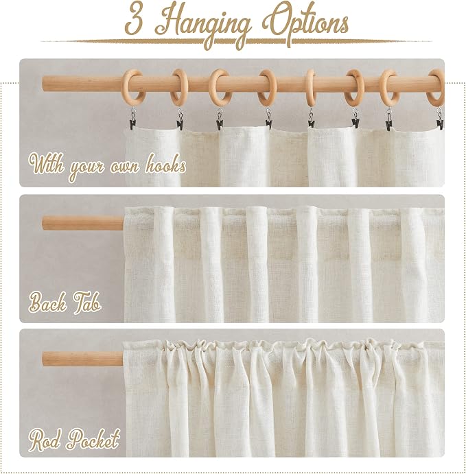 NICETOWN Semi Sheer Linen Curtains for Bedroom 63 inch Long, Rod Pocket & Back Tab Privacy Window Drapes Light Filtering for Bedroom/Nursery, Burlap, 52" W x 63" L, 2 Panels