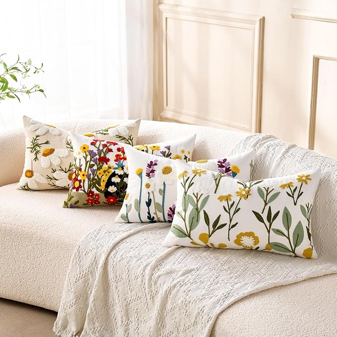 Embroidered Floral Lumbar Pillow Covers Flowers Decorative Couch Pillow Covers Farmhouse Green Floral Tufted Pillow Covers 12x20 Square Cushion Cases Set of 2 for Living Room Couch Sofa Bed Home Decor