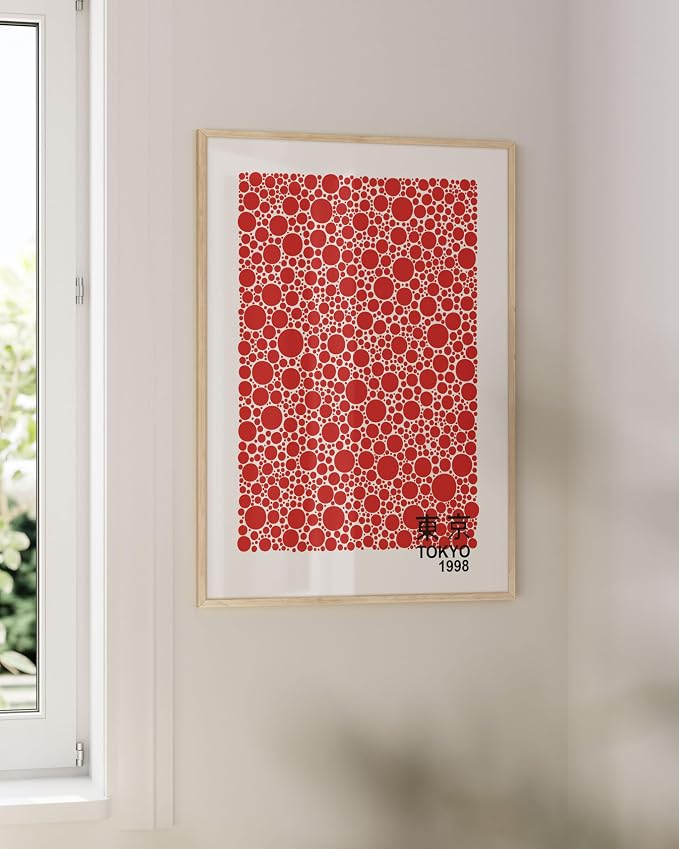 HAUS AND HUES Red Abstract Wall Art – Yayoi Kusama Inspired Japanese Poster, Circle Abstract Wall Decor, Modern Art Exhibition Print (24x36 Unframed)
