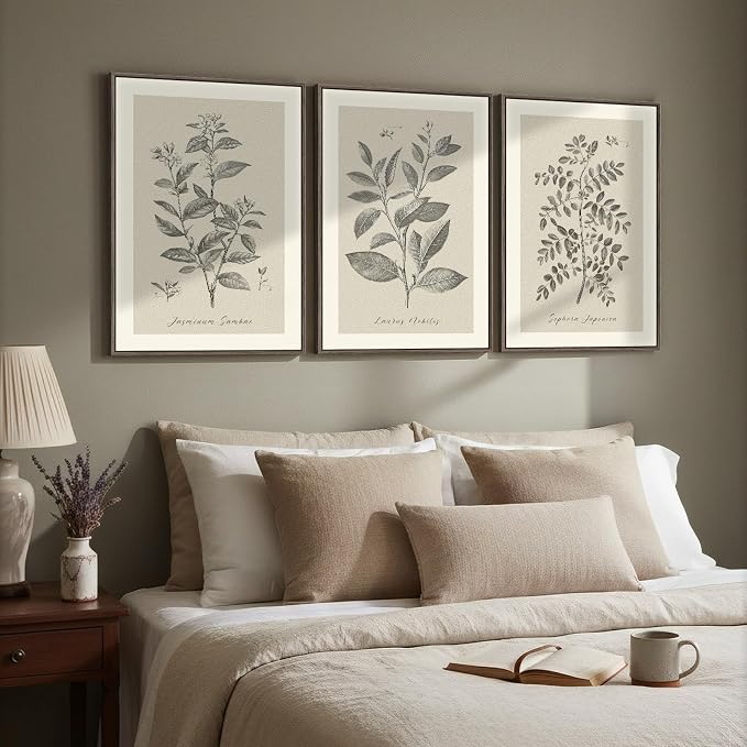 Framed 3 Piece Neutral Vintage Botanical Wall Art for Dining Room, 16x24 In | Wood Frame, Canvas prints, Rustic plants pictures, Modern farmhouse wall decor, Living room bedroom kitchen artwork