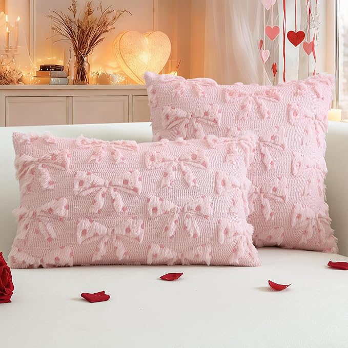 Artscope Valentines Bow Pillow Covers 16x16 Set of 2 Decorative Valentine's Day Throw Pillow Cases Soft Plush Faux Fur Couch Cushion Case for Holiday Sofa Bed Room Home Decor-Pink Bow
