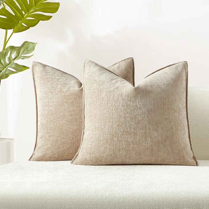 JUSPURBET 22x22 Chenille Decorative Throw Pillow Covers Set of 2,Beige | Cozy Soft Cushion Covers Case with Hidden Zipper for Couch Sofa Bed Home Decor Living Room
