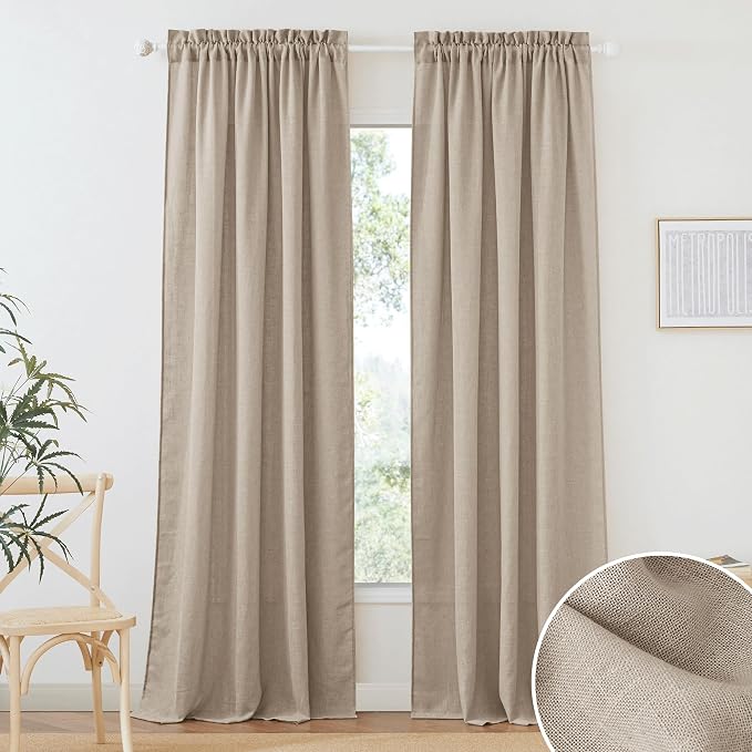 RYB HOME Khaki Linen Curtains 95 inches Long for Dining Room | Light Filtering & Privacy, Rod Pocket, Linen Blend, Boho Farmhouse, Privacy Protected Panels, W52 x L95, 2 Panels