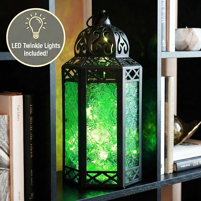 Vela Lanterns Decorative Indoor Fairy Light Candle Holder, Green, L | Fantasy Moroccan Lamp, Enchanted Forest Decor, Green Halloween & St Patricks Day, Metal Hanging Flameless LED, 12" Tall