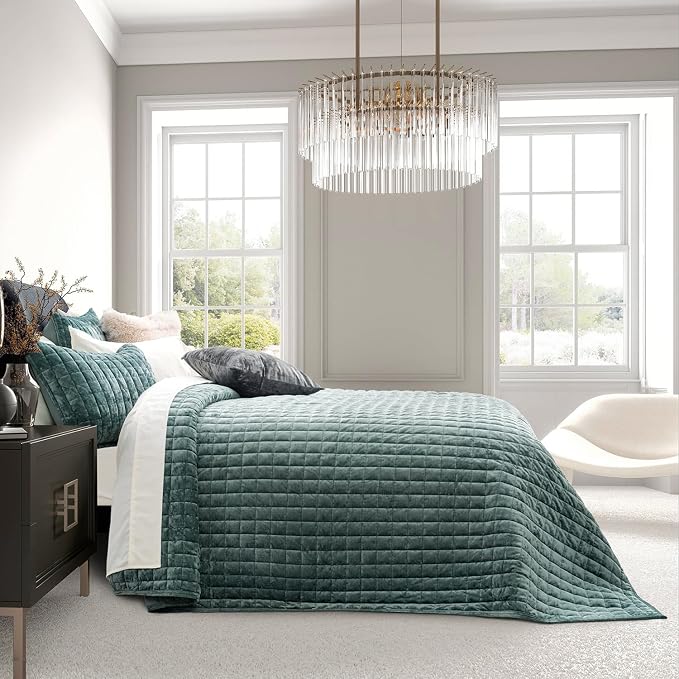 RECYCO Channel Box Stitch Velvet Quilt Set, King Size, Aqua Green | Ultra Soft Lightweight Velvet Comforter, Luxury Oversized Bedspread Coverlet, Quilted Bedding Set for All Season with 2 Shams