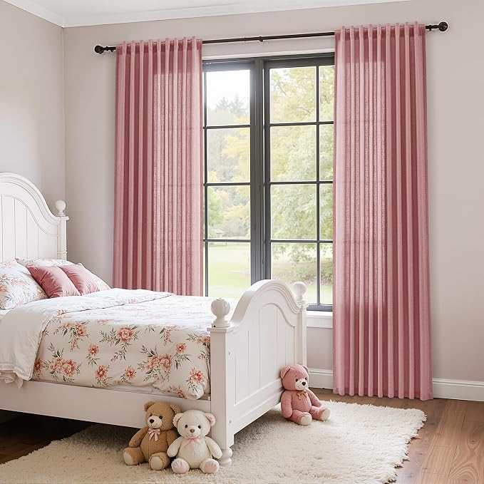 Extra Long Linen Curtains 120 Inches for Living Room Back Tab Semi Sheer High Floor to Ceiling 10ft Light Filtering Curtain Boho Farmhouse Window Drapes for Bedroom 2 Panels Canyon Rose