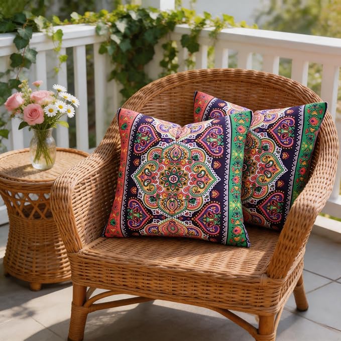 Ethnic Floral Pillow Covers 18x18 Set of 2 Boho Mandala Throw Pillows for Couch Vibrant Polyester Decorative Cushion Cases for Bedroom Living Room Patio Outdoor