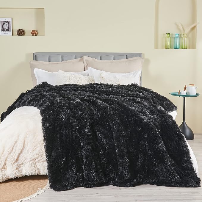 GONAAP Fuzzy Faux Fur Queen Blanket for Couch, Black, 90"x90" | Warm Cozy Plush Shaggy Decorative Reversible Thick Non-Heated Fleece Blanket for Sofa Bed, Gift for Women Men, All Season Use