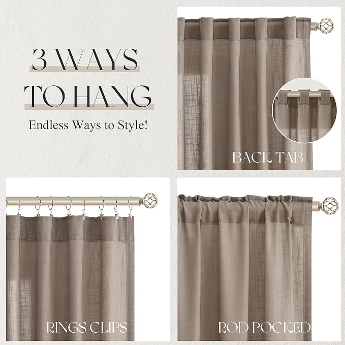 Jowels Dark Taupe Linen Curtains 102 Inch Long 2 Panels for Living Room | Light Filtering Semi Sheer Curtain, Back Tab Pocket Pleated Look, Boho Farmhouse Textured Privacy Drapes for Bedroom Window