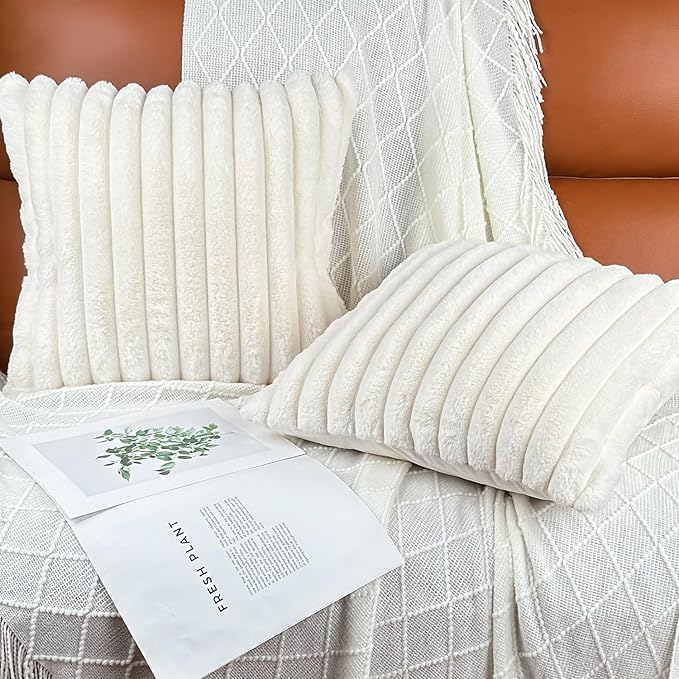 COTEY 24x24 Decorative Faux Fur Throw Pillow Covers Set of 2- Cream White