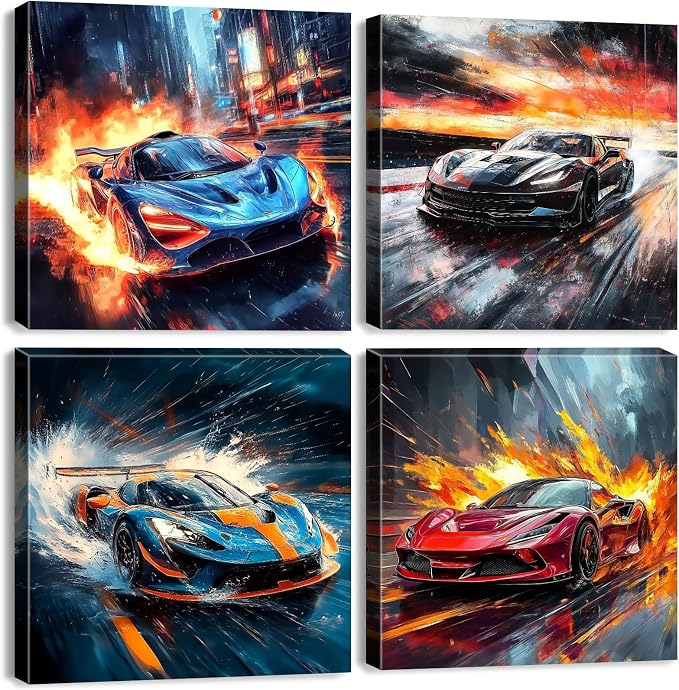 Racing Art Prints Boys Bedroom Cool Car Posters Super Car Painting for Living Room Enthusiast Gift for Men Man Cave Home Decoration Game Room Lamborghini McLaren Ferrari Bugatti Wall Decor 20x20" 4Pcs