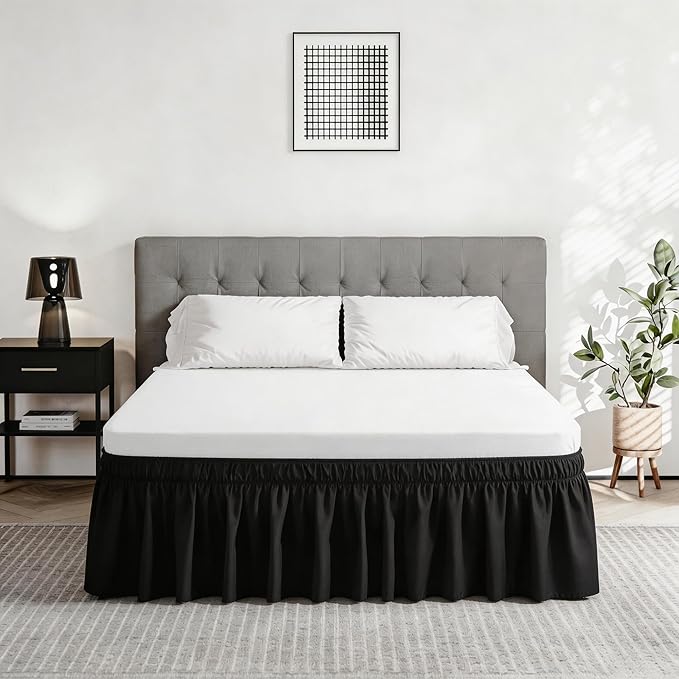 Vocander Black King Bed Skirt 14 Inch Drop, Elastic Wrap Dust Ruffle | Hides Underbed Storage, No Mattress Lifting, Elastic Stays Put, Soft Fabric, Machine Washable, Polished Look