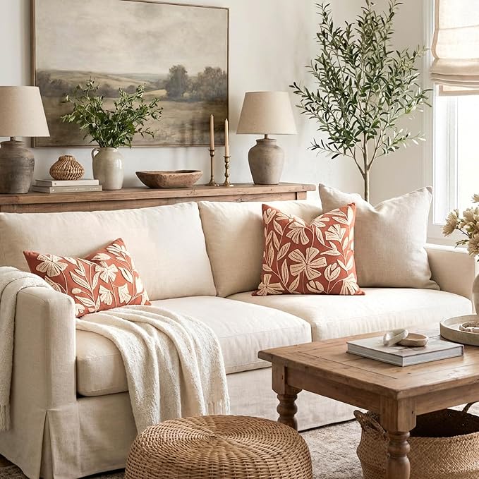 BlissBlush Lumbar Pillow Cover 12x20 Inch, Rust Terracotta Floral Tufted Velvet Decorative Accent Pillow Case for Sofa Bed Living Room, Cover Only