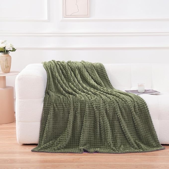 Puncuntex Fleece Throw Blanket Olive Green 108"×90" with Square Grid Design | Super Soft Plush Cozy Flannel Throw Blanket Luxury for Couch Sofa Chair