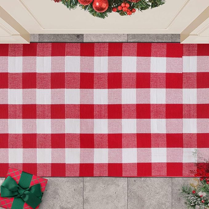 Christmas Buffalo Plaid Rug 3 x 5 Ft, Red White Indoor Outdoor Rug | Cotton Blend, Hand-Woven Look, Machine Washable, Layering Rug, Porch Entryway Decor