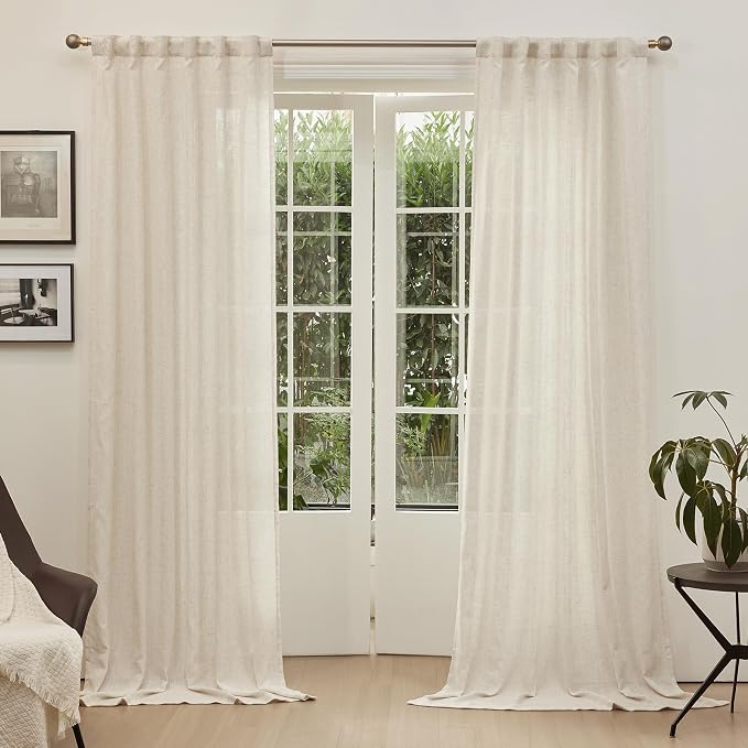 MYSKY HOME Linen Curtains for Sliding Door, Farmhouse Semi Sheer Ceiling Curtains Living Room Light Filtering Back Tab Elegant Style Soft Fabric, 50" x 95", Linen, 2 Panels