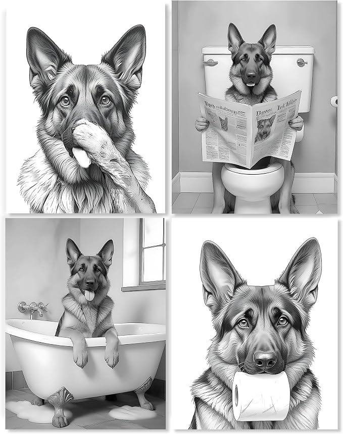 LUKIPOM Funny German Shepherd Bathroom Wall Art Prints 12x16 Set of 4, Funny German Shepherd Wall Art Posters for Washroom Restroom Decor, Dog Bathroom Decor, Unframed
