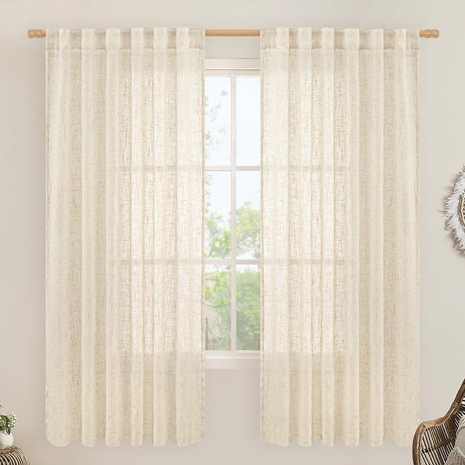 Beige Linen Curtains 72 Inches Long 2 Panels for Living Room | Faux Linen Textured, Light Filtering Drapes, Semi Sheer Curtains for Bedroom, Dining Room, Back Tab Rod Pocket, 52 x 72 Inch