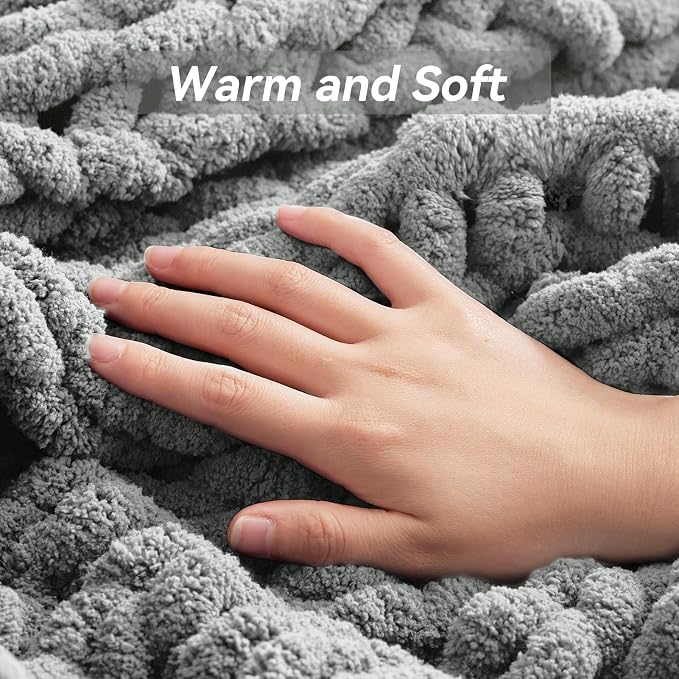 Negwoo Chunky Knit Throw Blanket, Knitted Throw Chenille Yarn, 60"*80" | Soft Thick Cable Knitted Blankets, Handmade Big Thick Blanket, Machine Washable Cute Comfy Blanket for Home Decor, Light grey