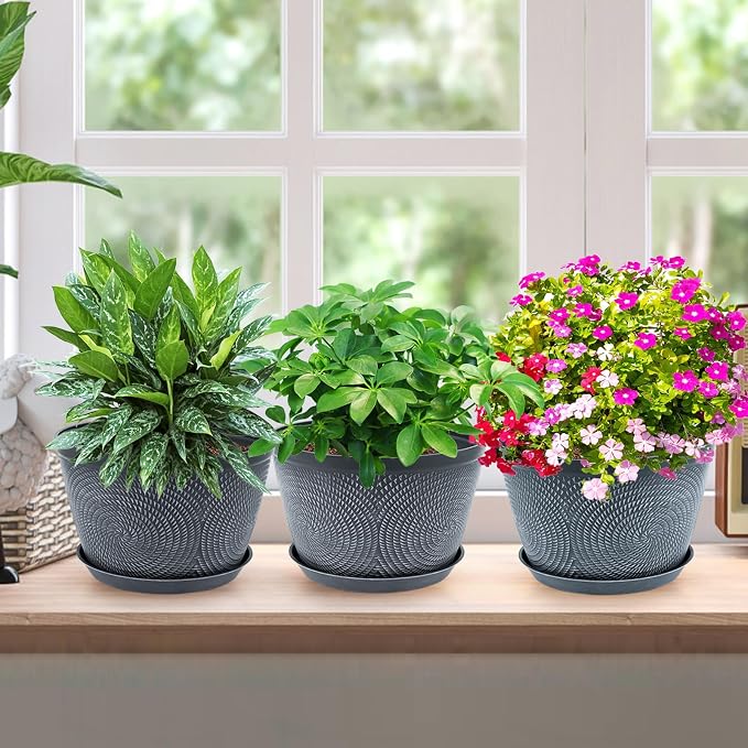 Quarut Flower Pots for Outdoor,Plastic Plant Pots with Drainage Hole & Tray | Durable and Odorless，Modern Decorative Garden Pot with Saucer, 10 Inch 3 Pack planters for Ourdoor Indoor House (Gray)