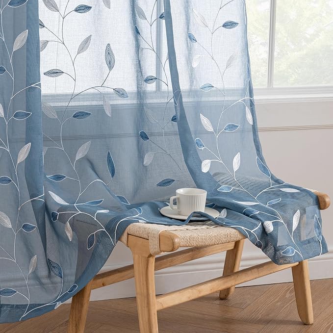 MIULEE Stone Blue Sheer Curtains 2 Panels Leaf Patterned, W52 x L63 | Embroidered Floral Semi Sheer,Rod Pocket,Faux Linen,Short Window Curtains Drapes Set for Kitchen/Bathroom/Cafe