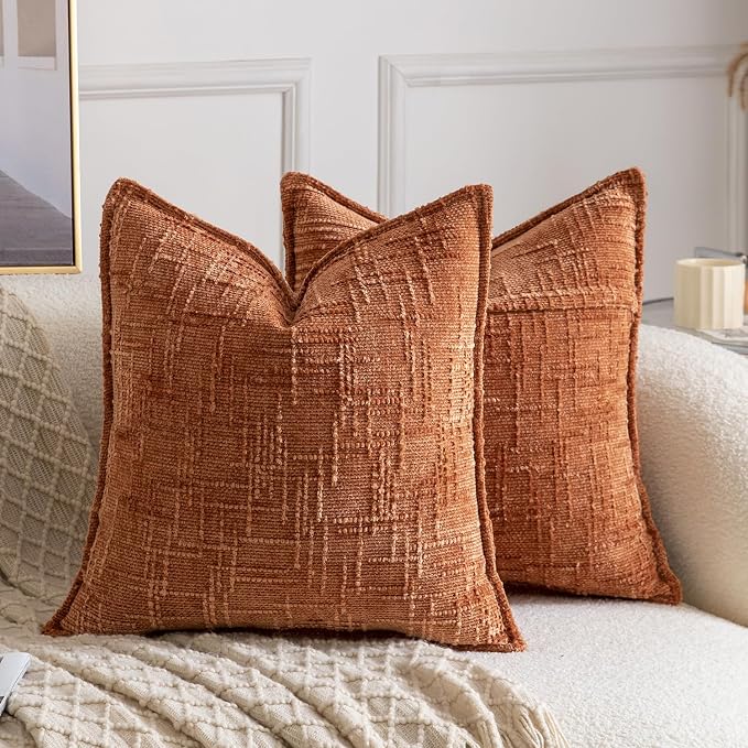 MADIZZ Pack of 2 Chenille Throw Pillow Covers 24x24 Inch Rust Soft Neutral Decorative Throw Pillows for Couch Sofa Boho Accent Cushion Covers Modern Farmhouse Home Decor for Bedroom Living Room