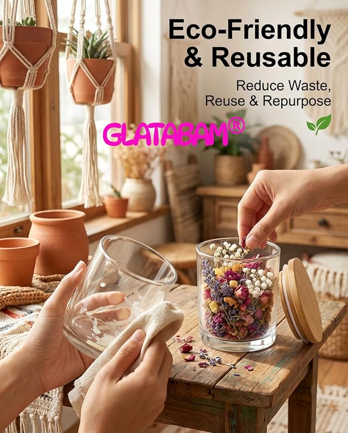 GLATABAM 10 OZ Candle Jars 12 Pack - Bulk Glass Candle Making Jars with Bamboo Lids & Labels, Heat Resistant Empty Reusable Candle Vessel for Containers(Clear)
