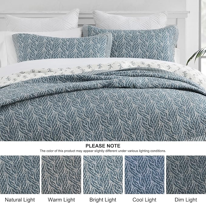 SahSahCasa Quilt Set King Size, 100% Cotton Quilt Bedding Set Bedspread, Botanical Pattern Solid Color Chic Lightweight Quilted Comforter for King Bed, White/Grayish-Blue, All Season, 3 Pieces