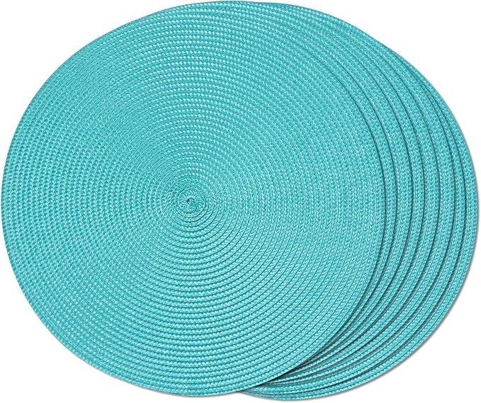 FunWheat Round Braided Placemats Set of 8 Place Mats for Dining Table Woven Washable Non-Slip Table Mats 15 Inch(Turquoise,8pcs)