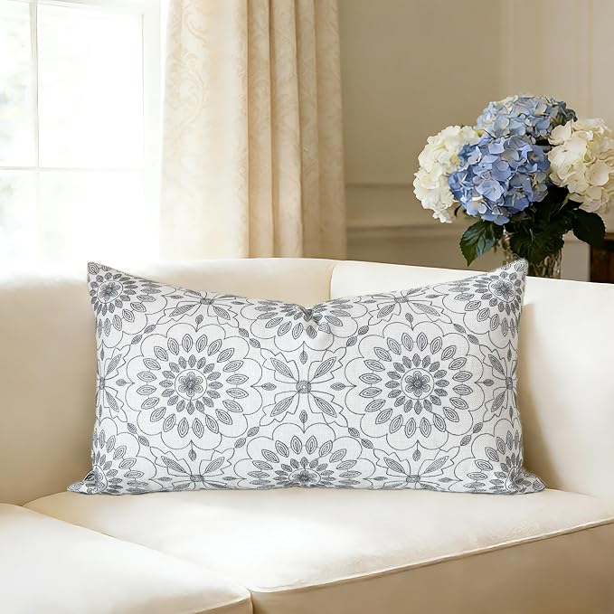 Slow Cow Linen Embroidery Decorative Lumbar Throw Pillow Cover Rectangular Pillow Cover Cushion Cover 12 x 20 Inches Dark Gray Grey