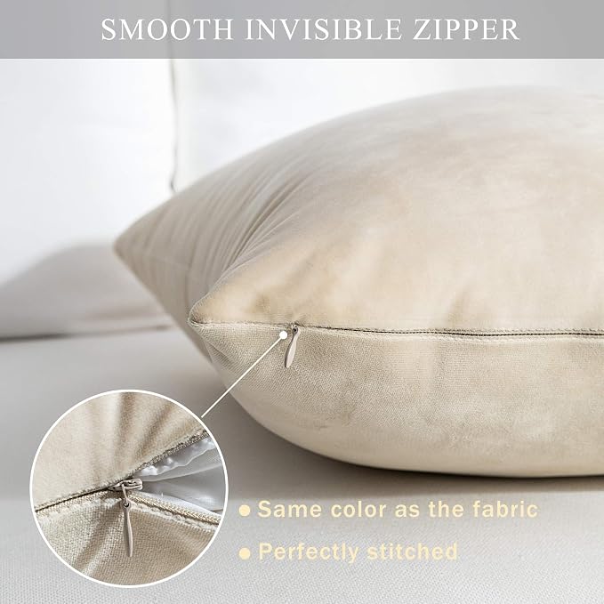 Stellhome Super Soft Velvet Throw Pillow Covers Square Pillowcase for Bed Couch Sofa Bench, 18 x 18 inch (45 cm), Beige, Pack of 2