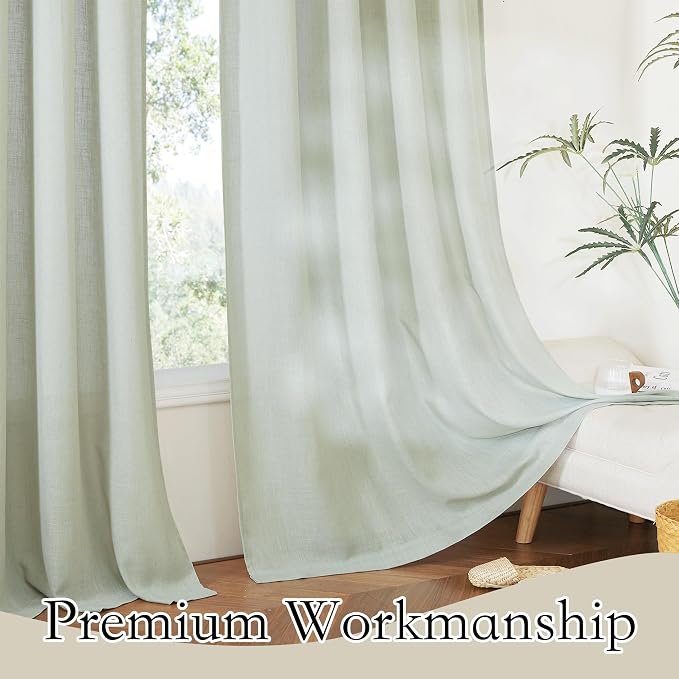 RYB HOME Linen Kitchen Curtains 63 inch Length for Living Room Bedroom, Privacy Protection Light Filtering Decorative Natural 2 Panels Set Farmhouse Boho, Sage Green, W 34 x L 63 inches