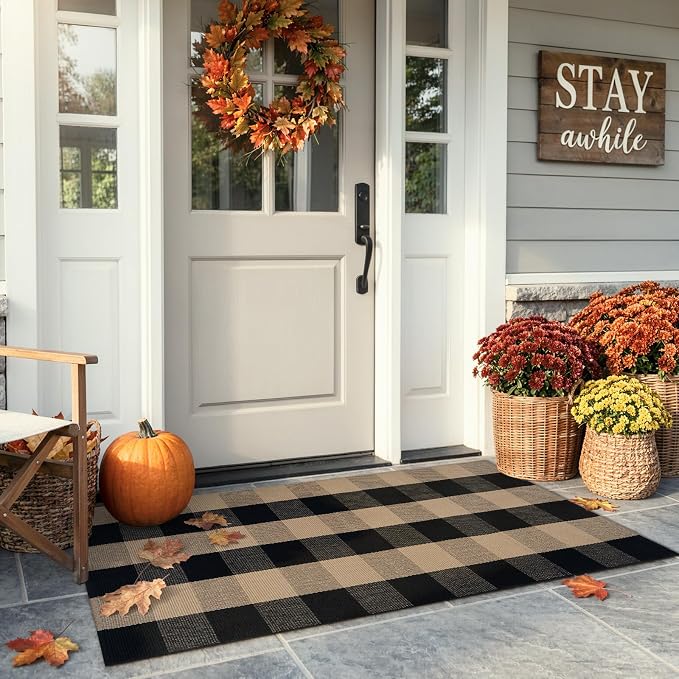 LEEVAN Buffalo Plaid Outdoor Door Mat, Washable Checkered Layering Rug | Small 2x4.3 Black and Tan Rustic Check Entryway Doormat, Hand Woven Cotton Welcome Rug for Front Porch Kitchen Patio Bathroom