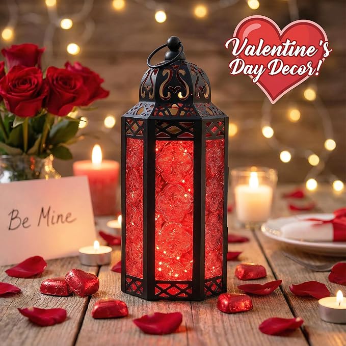 Vela Lanterns Decorative Indoor Red Gothic Fairy Light Candle Holder, M | Halloween Vampire Decor, Fantasy Witchy Whimsigoth Lamp, Moroccan Metal Hanging Flameless LED Lantern, Remote, 10.5" Tall