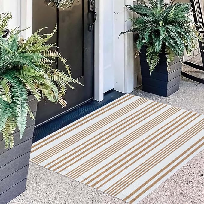 Khaki and White Striped Outdoor Rug 24'' x 35'' Door Mat Outdoor Machine Washable Welcome Mats Cotton Hand-Woven Entryway Rug for Front Porch/Entryway/Laundry/Bathroom/Bedroom