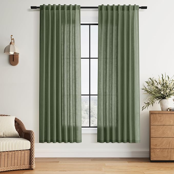 Forest Green Linen Curtains for Living Room 72 Inches Long Light Filtering Semi Sheer Curtain Back Tab and Rod Pocket Wabi Sabi Boho Decor Luxury Drapes for Bedroom Office 52x72, 2 Panels
